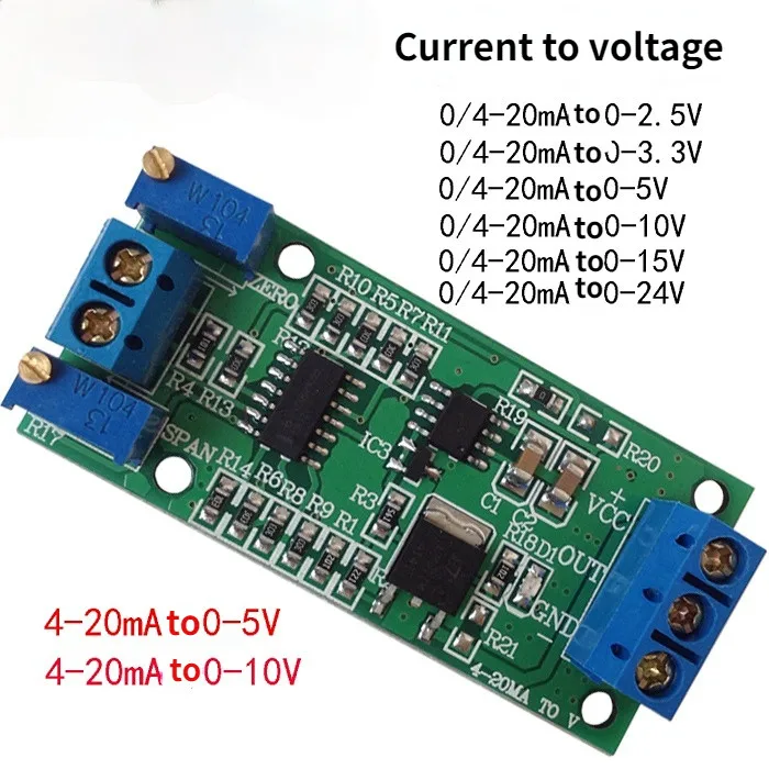 Current to Voltage Module Signal Conversion Conditioning 4 ~ 20mA to 0 ~ 5V 3.3V 10V 15V Transmitter