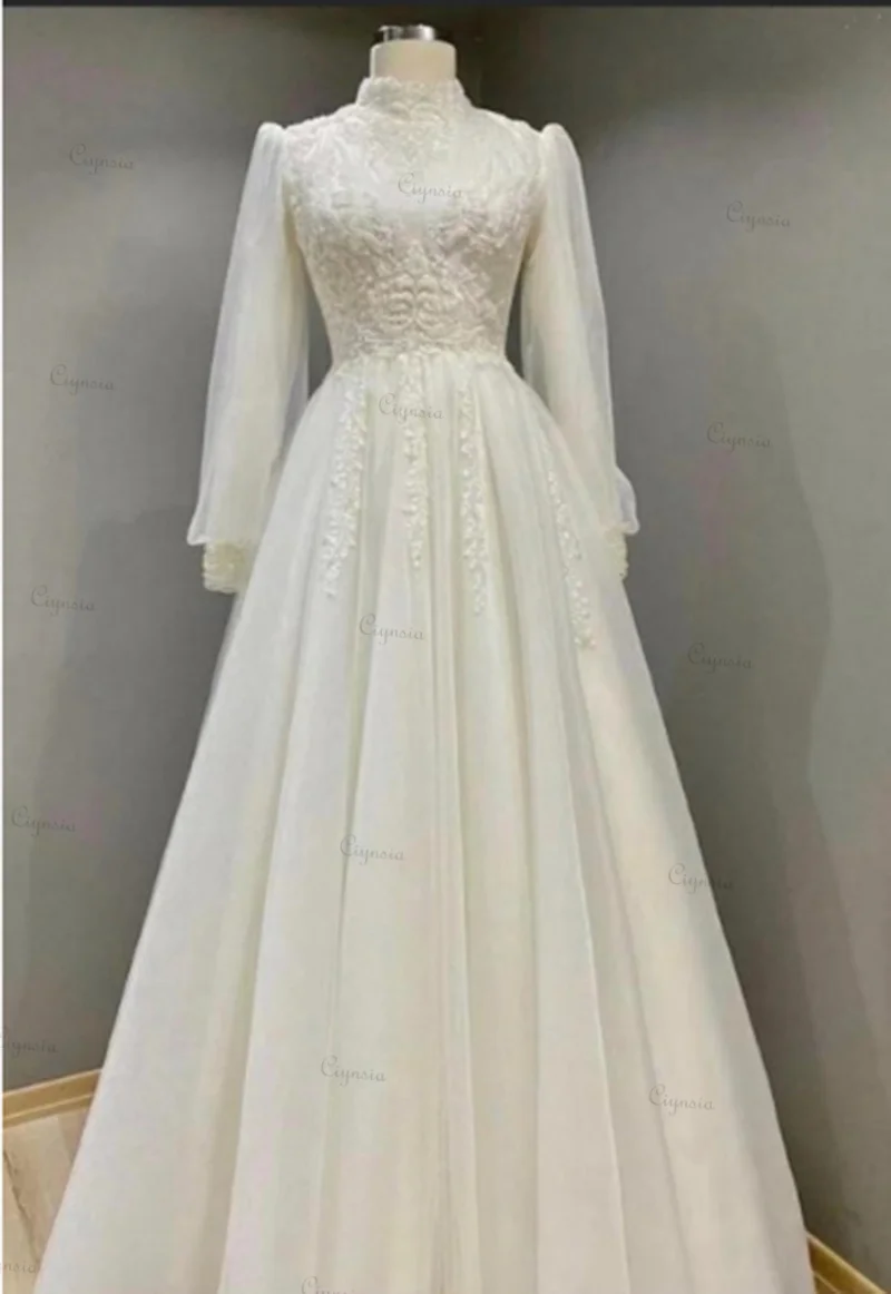 Ciynsia-Robe de mariée élégante en ivoire pour mariage, manches longues, dentelle perlée, ligne A, tulle, Dubaï, robes de patients musulmans