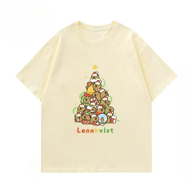 

Christmas Atmosphere Wearing T-shirt with Christmas Tree Print Cartoon Capibala Pattern for Teenagers Short Sleeved Sportswear