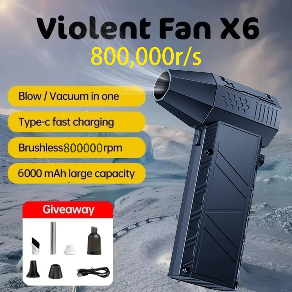 800000RPM X6 Air Blower Powerful dust Vacuum Cleaner Fast Charging Strong Wind Brushless Violent Fan for car/computer cleaning