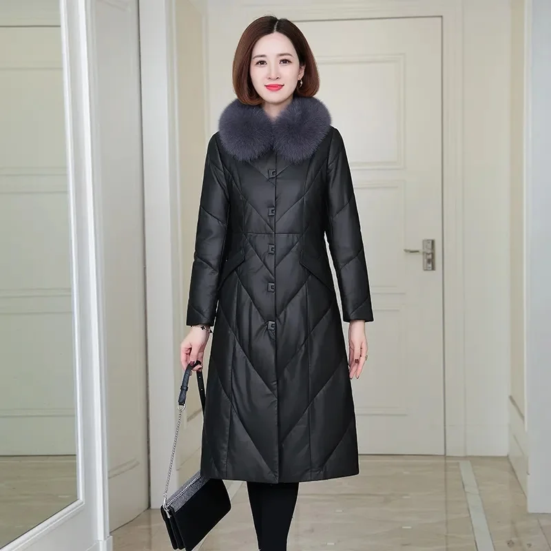 

2024 Winter Women Faux Sheepskin Coat Down Cotton-padded Jacket Long Parkas Thicken Warm Outwear Female Leather A-Shape Overcoat