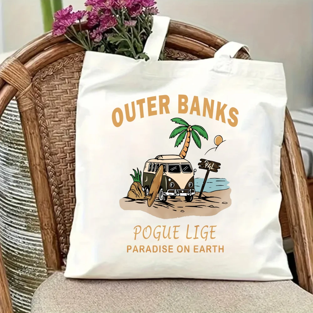 Womens Handbag Top Vintage Station Wagon Surfboard Layout Tropical Palm Trees Double Handles Printed Crisp White Base for Travel