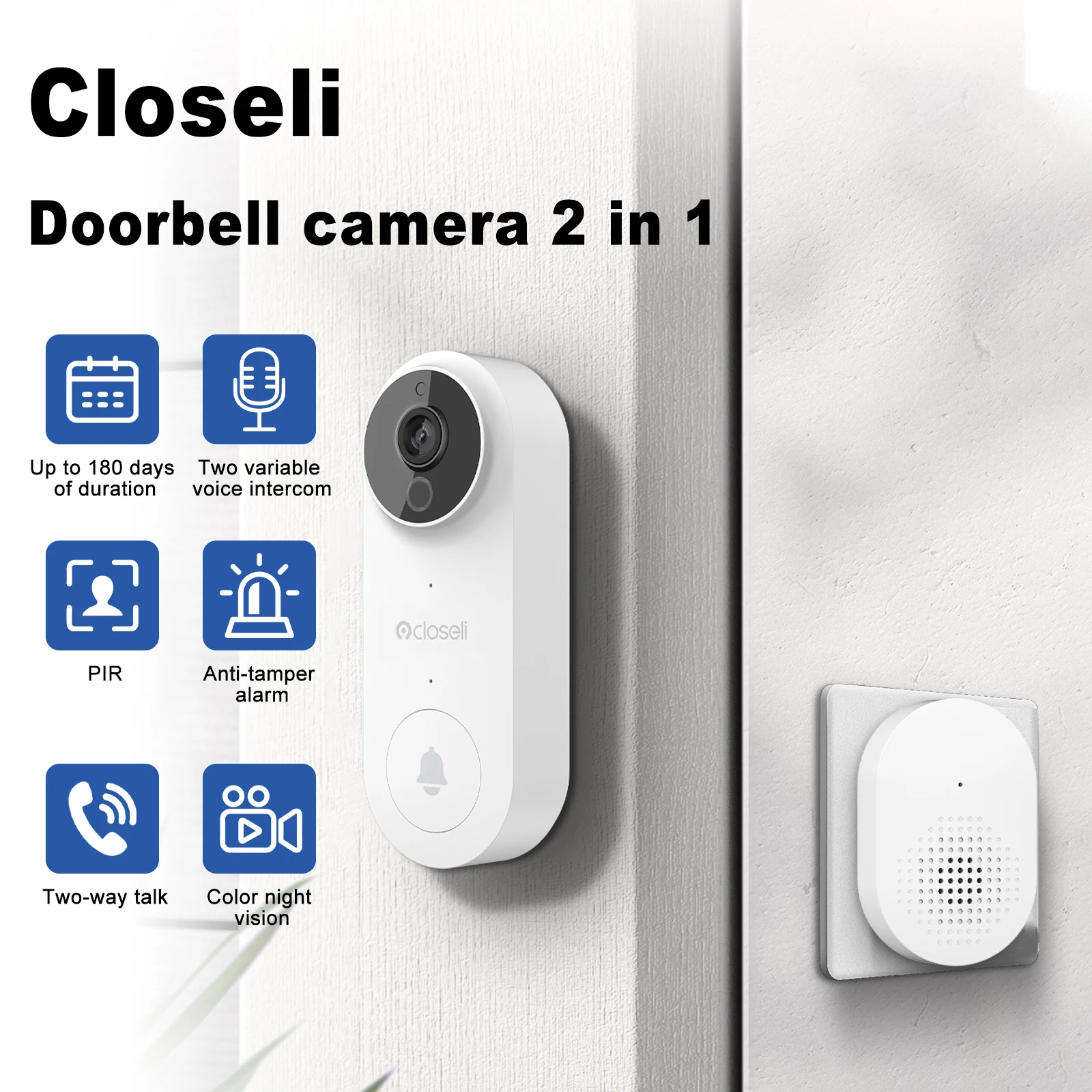 Closeli BR100PB2 2MP WiFi Doorbell Wireless Camera Alarm Security Ultra HD Night Vision PIR Detection Two Way Talk Home Security