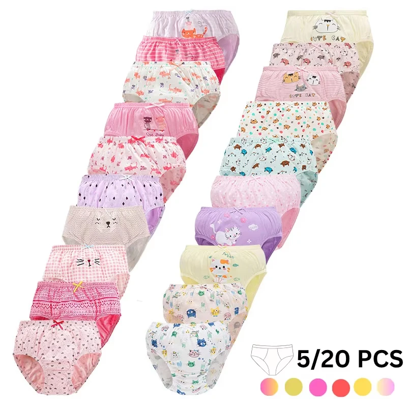 5/20Pcs Cotton Girls Panties Striped Adorable Cat Cartoon Print Children Triangle Underwear Breathable Soft Toddler Girls Briefs