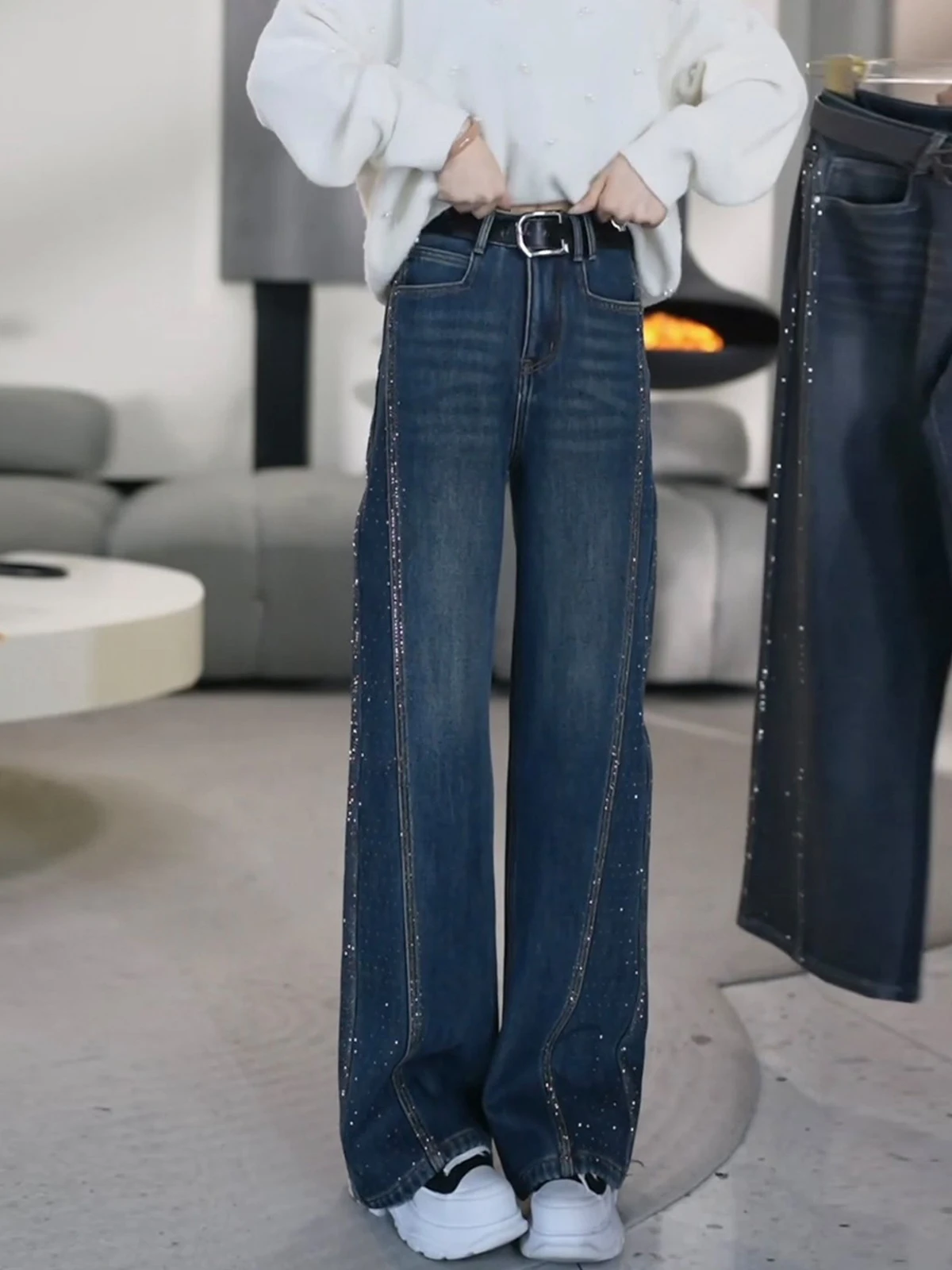 

Blue Slim Fit Glitter Wide Leg Jeans High Waist Spring New Arrival Fce Lined Floor Length Straight Cut Women's Trousers