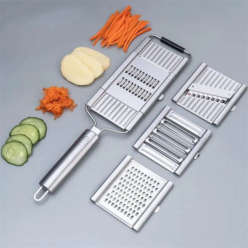 Alat pemotong sayur Stainless Steel, pengiris sayur 4 in1 Set Manual wortel buah parutan kentang