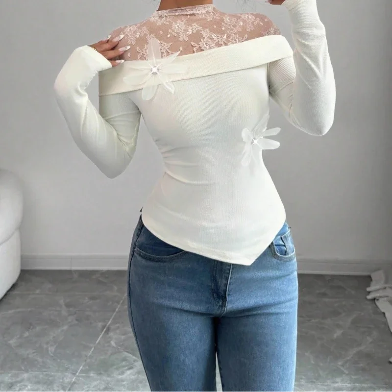 2025 new lace small stand-up collar splicing fashion T-shirt with corsage base women