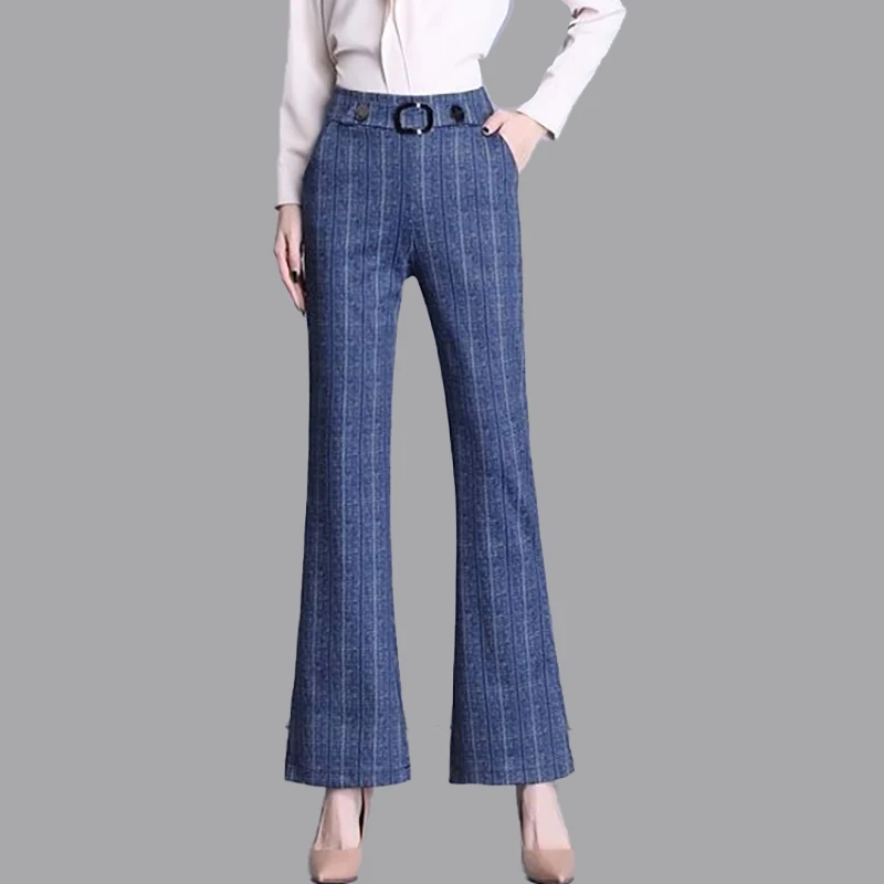 

Fashion Elastic Pockets Spliced Striped Flare Casual Pants Women Clothing 2024 Autumn Winter New Loose High Waist Commuter Pants