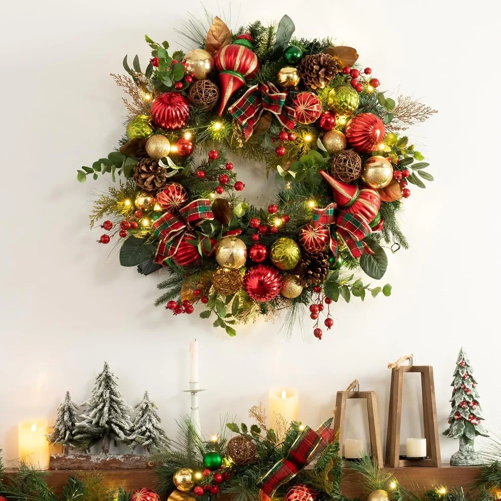 

Pre-Lit Christmas Wreath for Front Door with Lights, 30 Inch Large Lighted Christmas Wreath with Red Green Gold Xmas Ball Ribbon