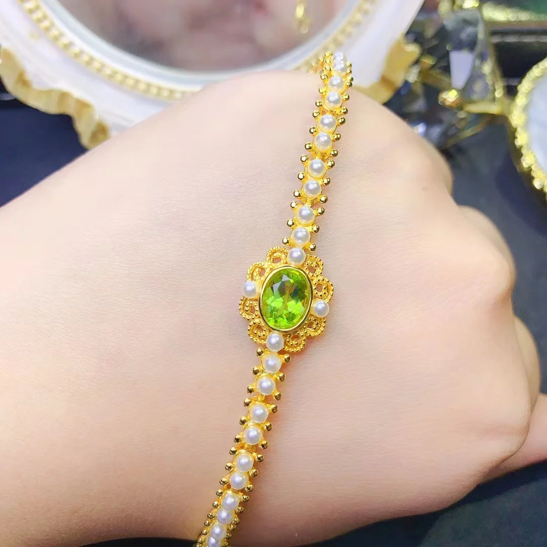 Natural Peridot Bracelet with Stone Pearl 925 Sterling Silver Women's Bracelet Carrying Certificate Luxury Jewelry Designer