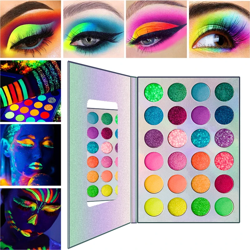 24 Color Neon Eyeshadow Palette UV Glow Makeup