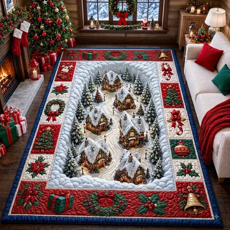 VIKAMA 3D Quilted Snow Village Cottage Area Rug Noise Reducing Machine Washable Living Room Pet Christmas Holiday Home Decor
