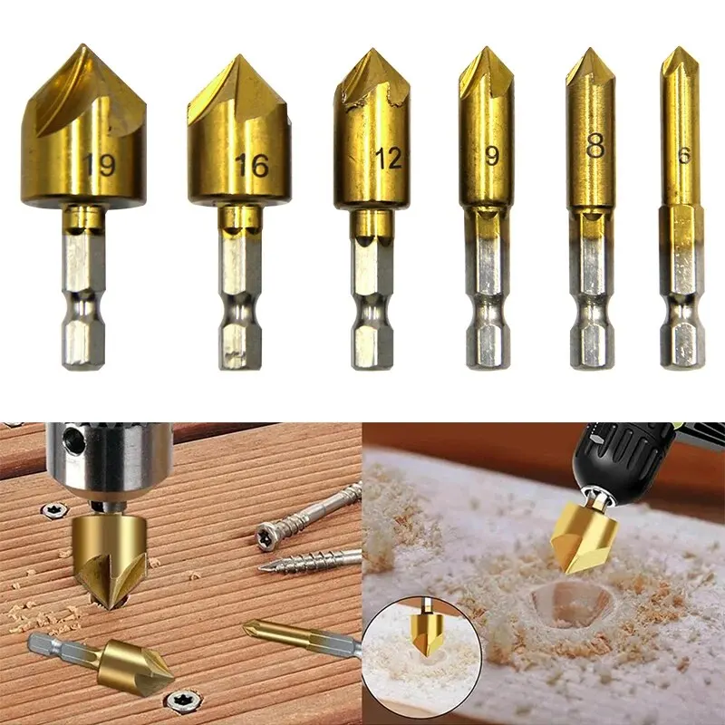 6PC Hexagonal Handle Titanium Plated Five Edge Chamfering Knife Countersunk Drill 6-19mm Woodworking Spot Facer Tool Set