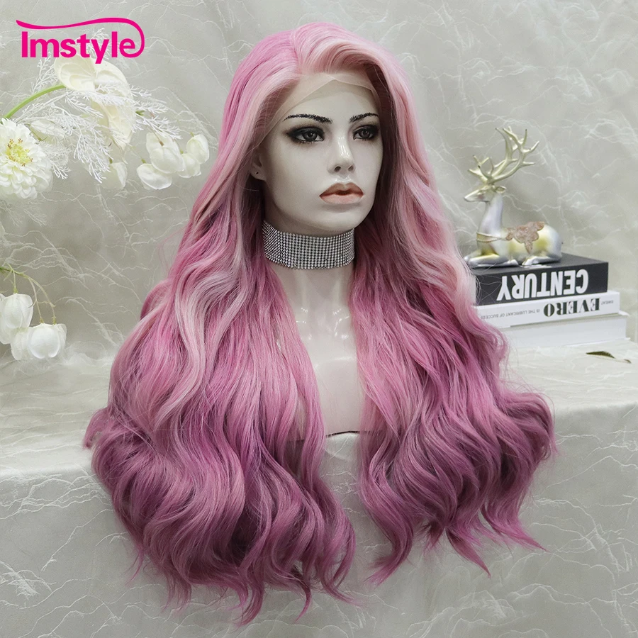 Imstyle Ombre parrucca rosa parrucca anteriore Laca sintetica evidenziare parrucche ondulate lunghe per le donne parrucca Cosplay in fibra