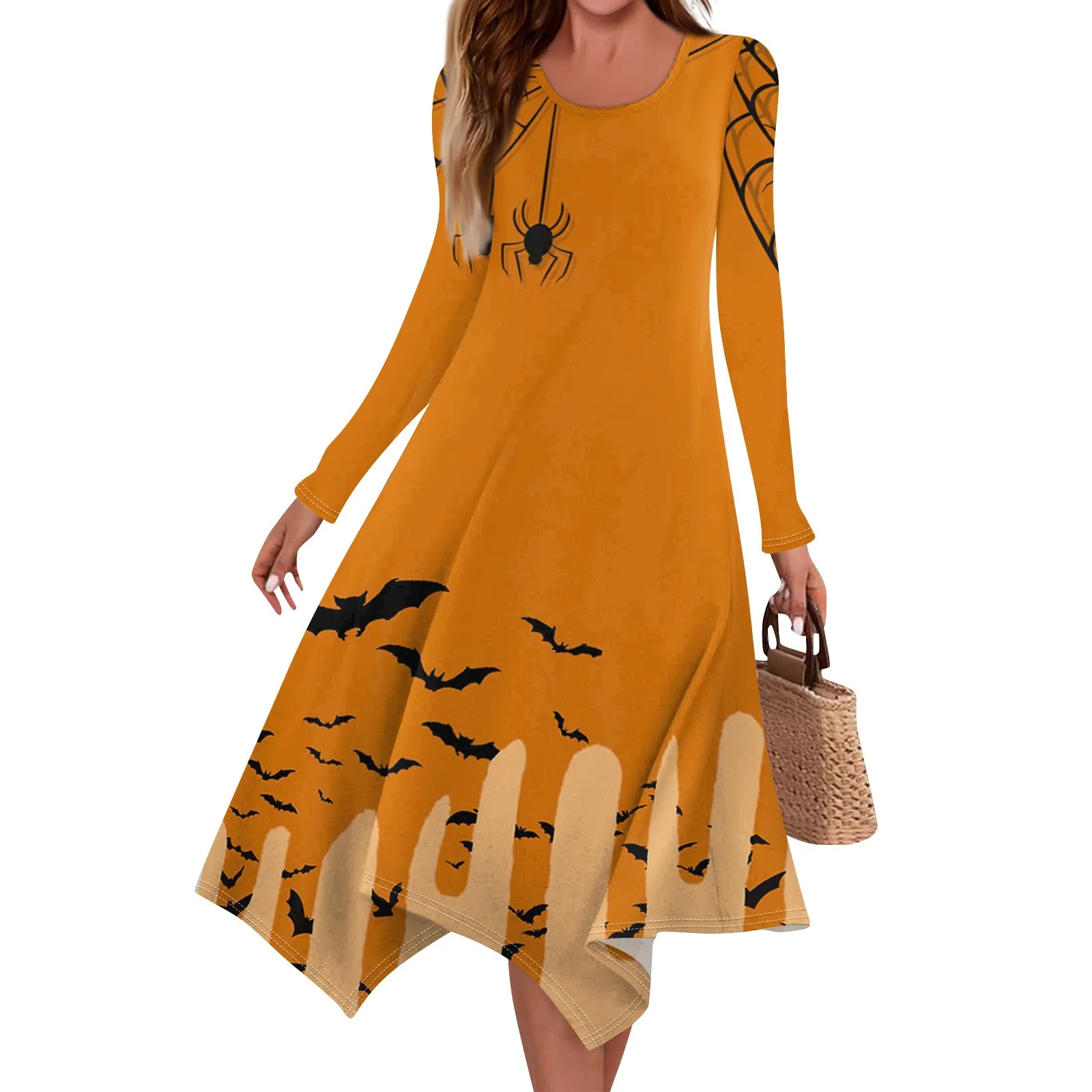 

Vintage Pumpkin Print Dress Irregular Hem Midi Dress Halloween Party Dresses Women Long Sleeve Fashion Vestido