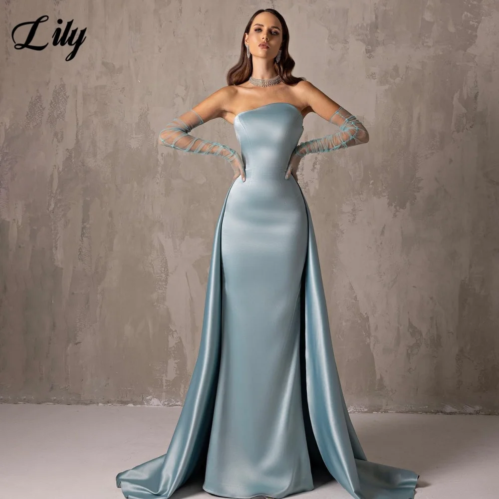 

Lily Dusty Blue Sexy Stain Minimalist Style Strapless Mermaid Evening Dress with Pleats Maxi Evening Dress for Women Customized