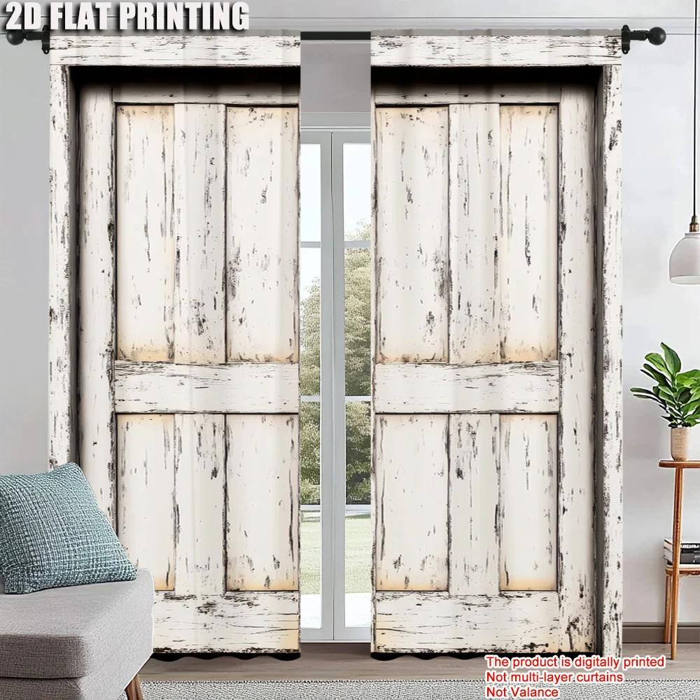 

2Pcs Vintage White Wooden Door Pattern Printed Curtain Window Treatment For Home Decor And Room Decoration