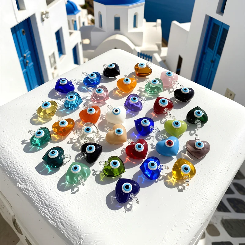 Colorful Heart Shape Turkish Evil Eye Glass Bead Pendant Dopamine Lucky Eye Charm DIY Craft Making Accessory For Handmade Lovers