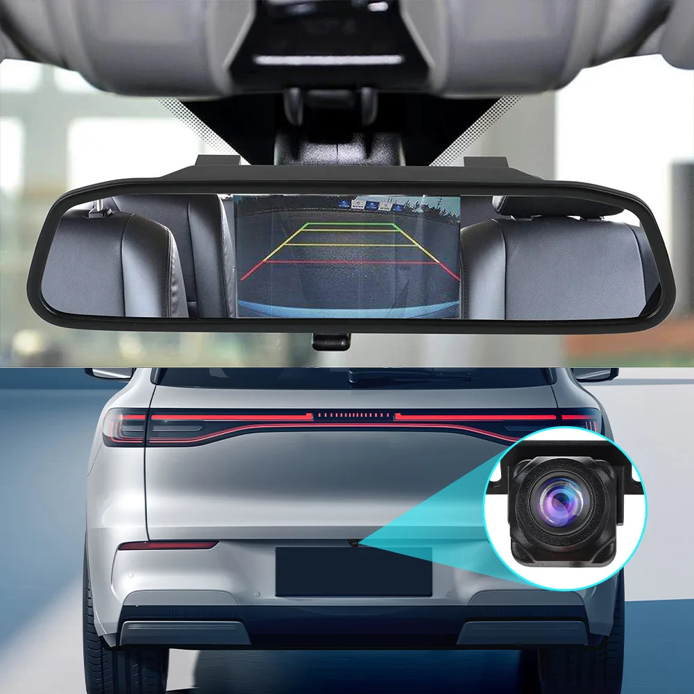 2-in-1-Rückfahrkamera, Rückspiegelmonitor, 4,3 Zoll, Plug-and-Play, einfache Montage, Nachtsicht-Rückfahrkamera für PKW, LKW, SUV