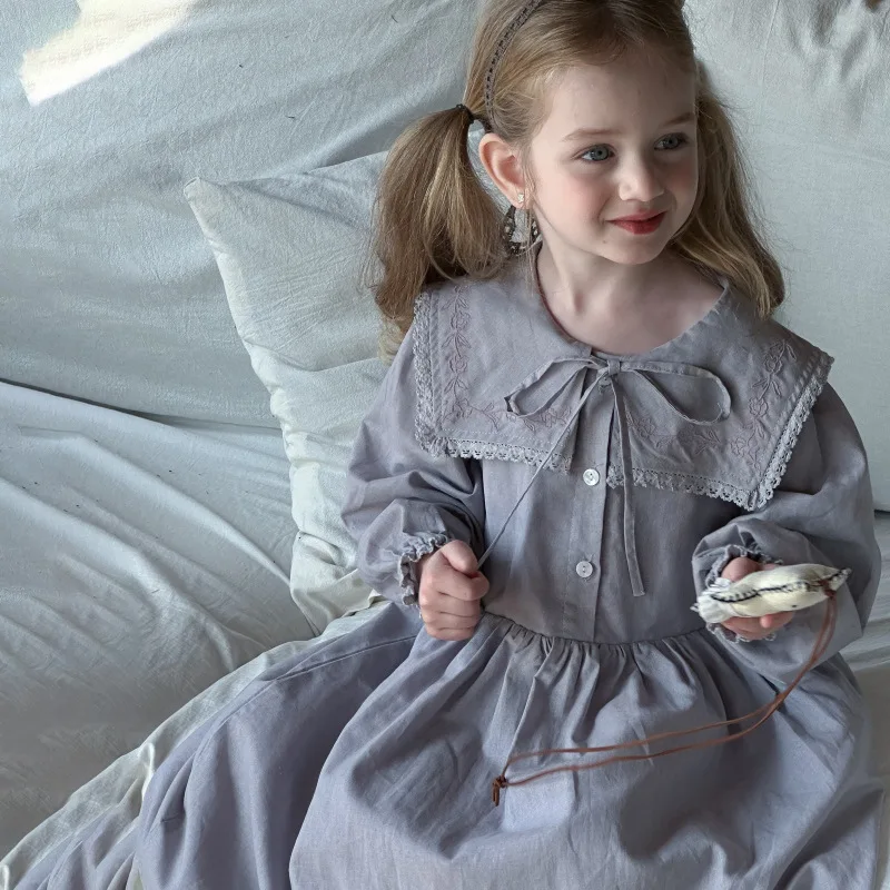 

Girls Spring New Embroidered Lace Collar Long Sleeve Dress Baby Children's New Fashionable Long Dress Pure Cotton Dress
