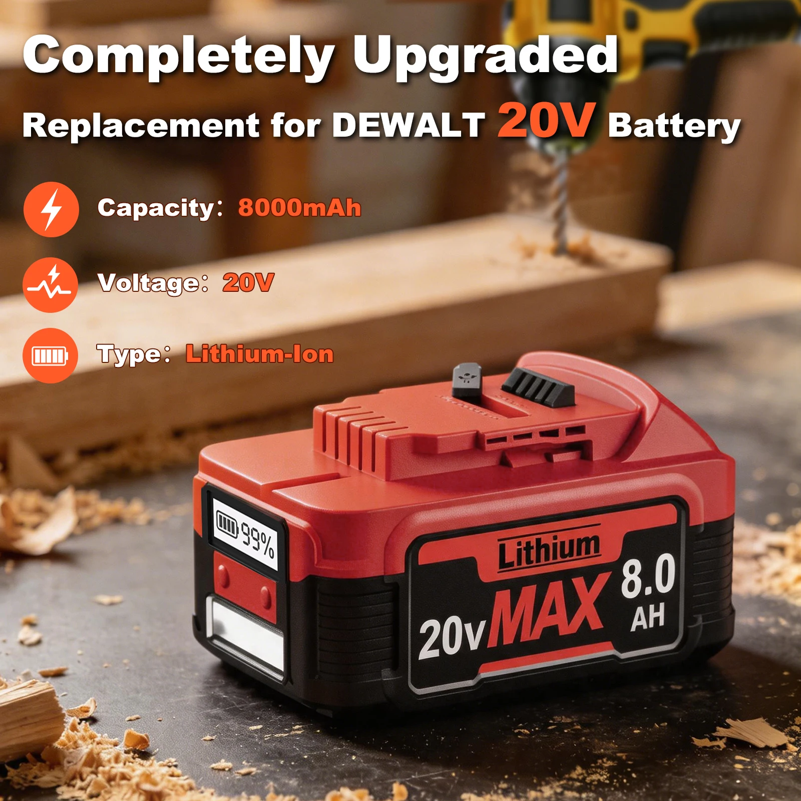 For Dewalt DCB200 8.0AH 20V Battery DCB184 DCB182 DCB180 DCB181 DCB182 DCB201 Power With Type-C Connect PD Power Tool Baterry