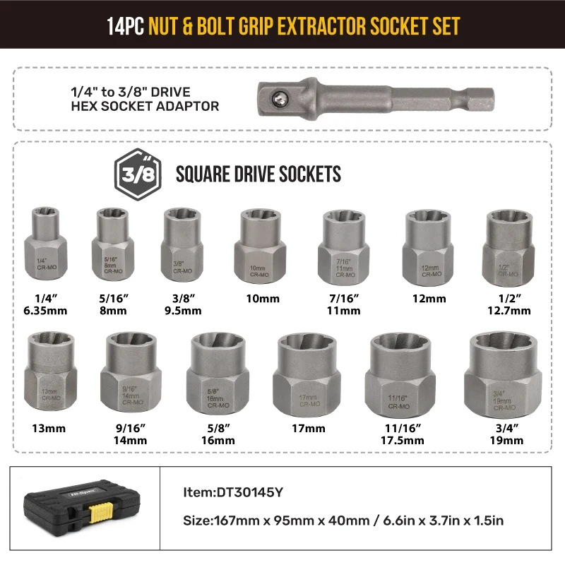 14pc Impact Bolt Nut Socket Set Tool Damaged Screw Nut Removal Tool Accessory Set Extraction Socket Wrench Set Mechanical Tool