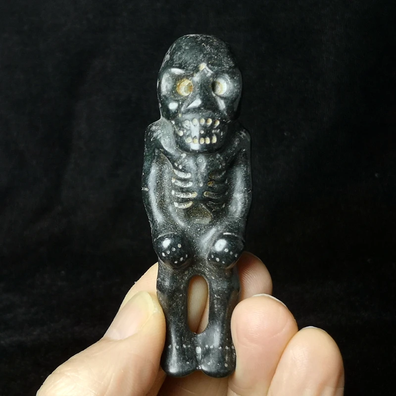 CULTUER ART Chinese Hongshan Culture Magnet Meteorite jade carved Skeleton Skull Man statue Old Pendant Gift Collection