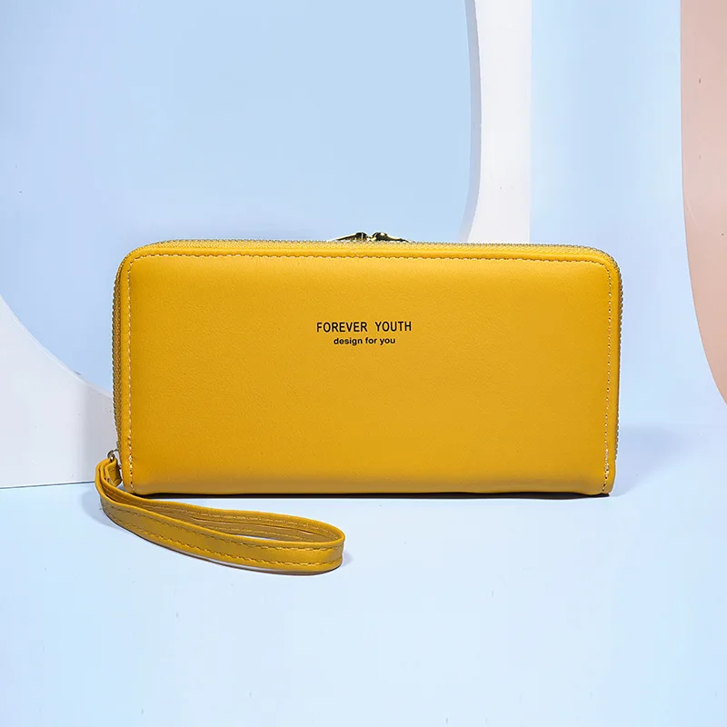 Cartera de doble capa para mujer, bolso con asa de Clip y cremallera larga, minimalista, de gran capacidad, para dinero y teléfono, cuero de PU de alto grado