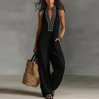 Sexy Deep V Neck Hollow Women's Jumpsuits Vintage Printed High Waist Slim Office Romper Spring Summer Sleeveless Pocket Overalls 3