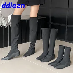 Fashion Elastic Ladies Knee High Sock Boots Female Designer Height Increasing Footwear Slip On Shoes Women Ankle Stretch Boots