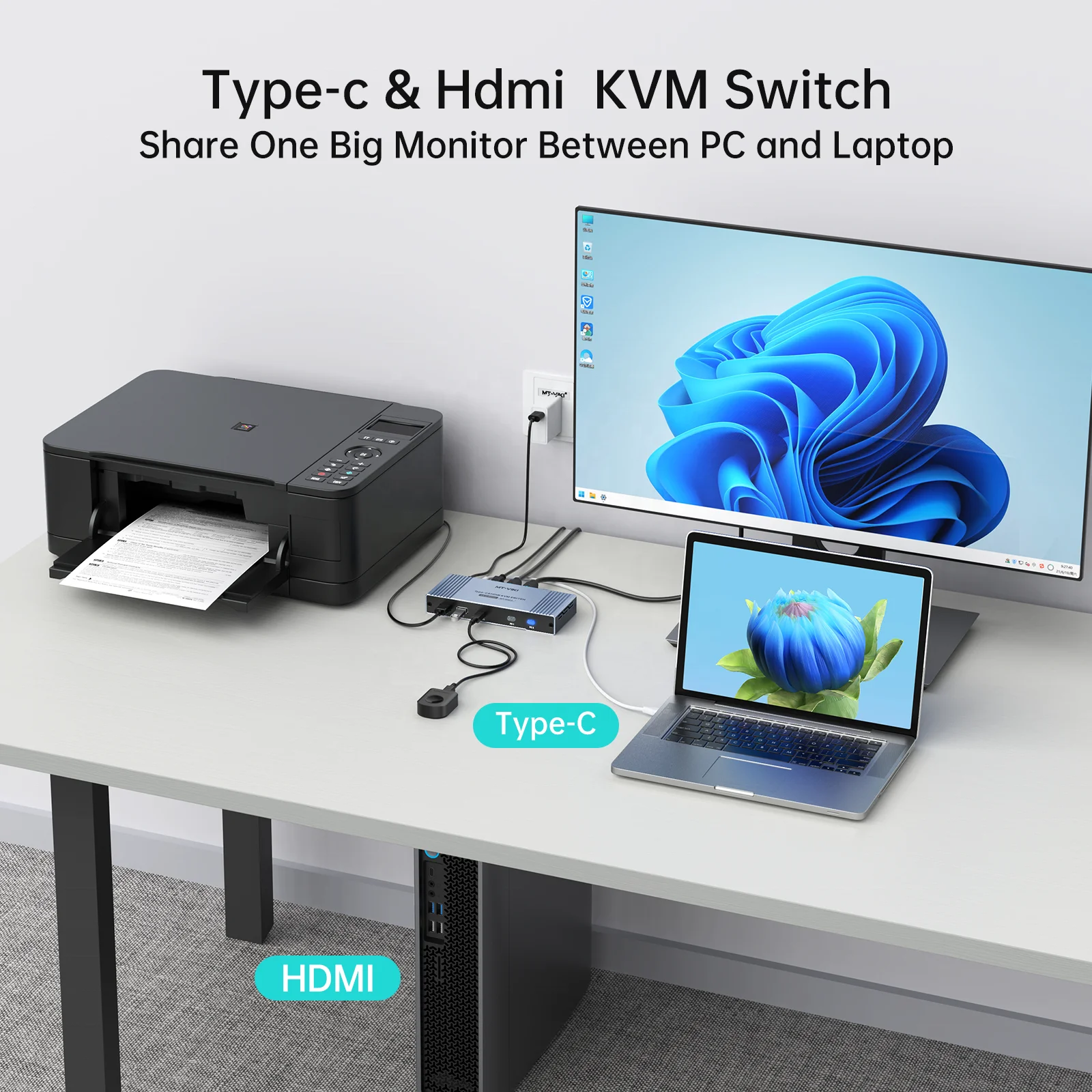 Hybrid USB Type C & HDMI KVM Switch 2 Ports 4K 60Hz + Cables,  4K USB C & HDMI KVM Switcher for MacBook Laptop PC