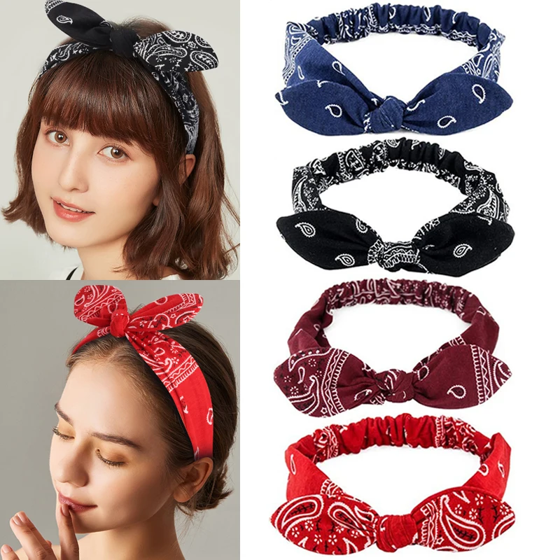 Boho Bow 머리띠 여성용 빈티지 Paisley Bandana 꽃 프린트 Hairband 탄성 토끼 귀 머리 랩 귀여운 헤어 액세서리