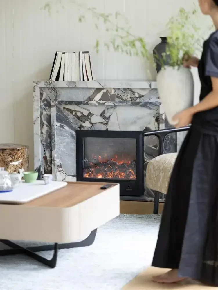 Rare blue grain/Turkish marble feeling simulated fire smart fireplace solid wood storage