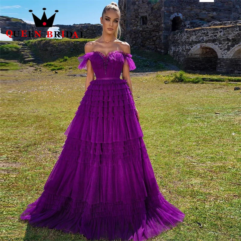 A Line Purple Tiered Tulle Prom Dress Off Shoulder Pleat Ruched Ruffles Dubai Sweetheart Evening Gowns Balo Elbise Custom D20C