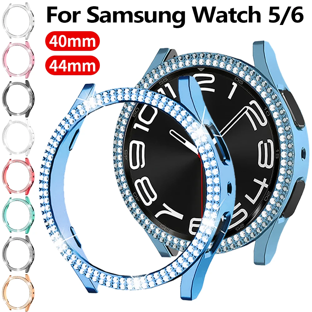 Double Diamond Watch Case for Samsung Galaxy 6 40mm Women Bling PC Hard Hollow Frame Protective Bumper Galaxy Watch 6 44mm Cover