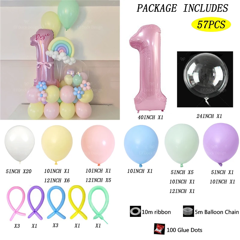 57pcs Rainbow Theme Balloon Column 40inch Pink Number 1-9th Girl Birthday Party Favors Baby Shower Decorative Balloons