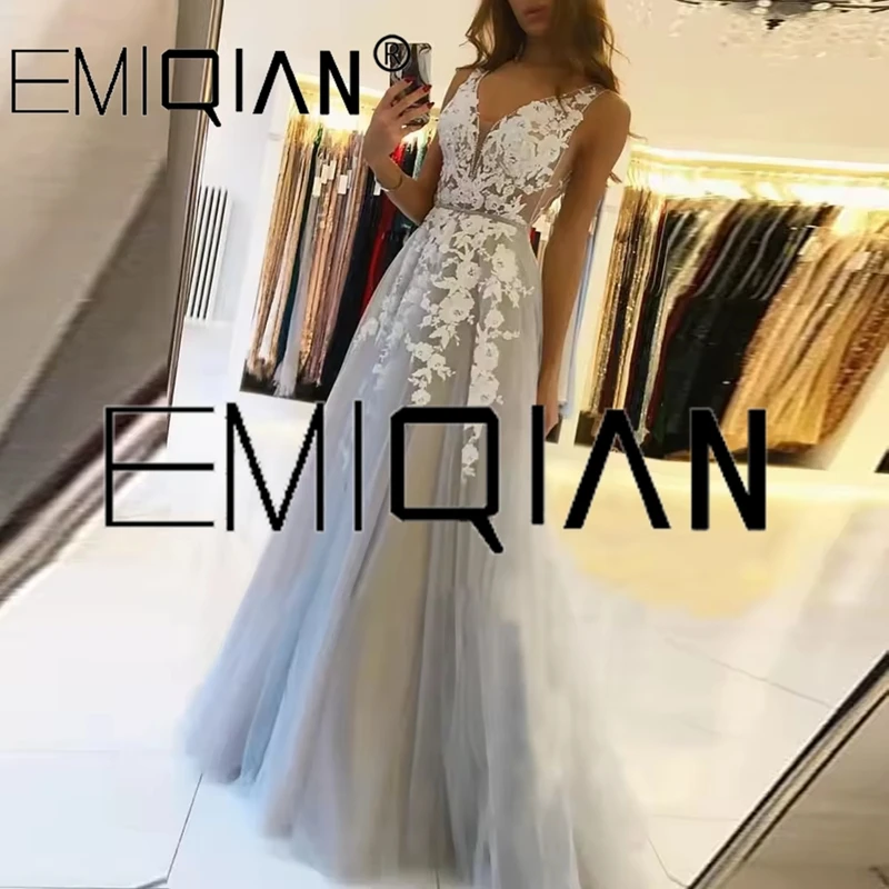 

Customized Sexy Summer Backless Gray Evening Dresses White Lace Dubai Evening Party Gown