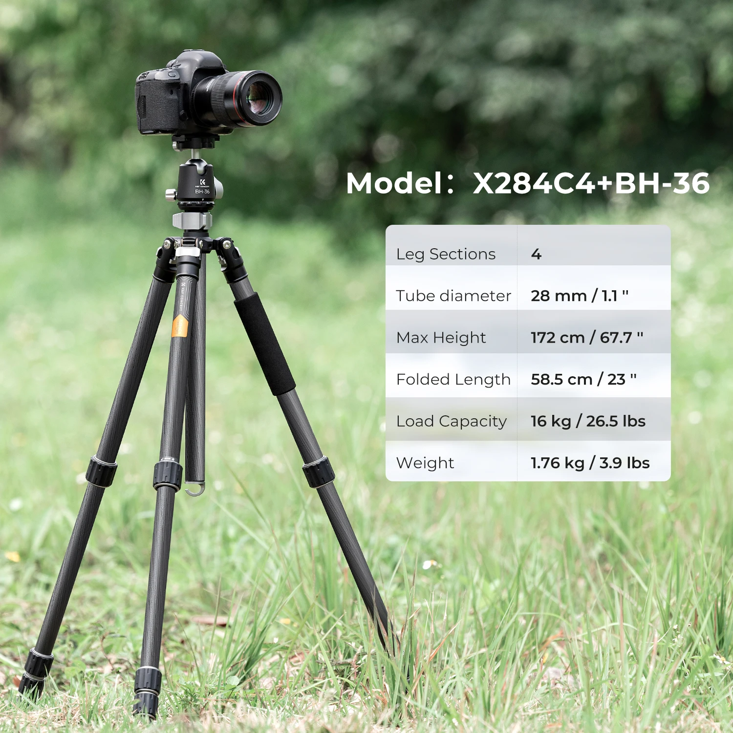 X284C4+BH-36 KF09.117 68''/1.7m Carbon Fiber Tripod Professional Camera Tripod Capacity 16KG/35.2lbs with 36mm Metal Ball Head