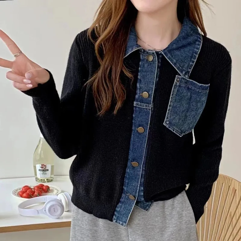 New High-end Knitwear Female Appear Thin Winter Tops Denim Splicing Polo Neck Cardigan Sweater Women Long Sleeved Cardigan Knit