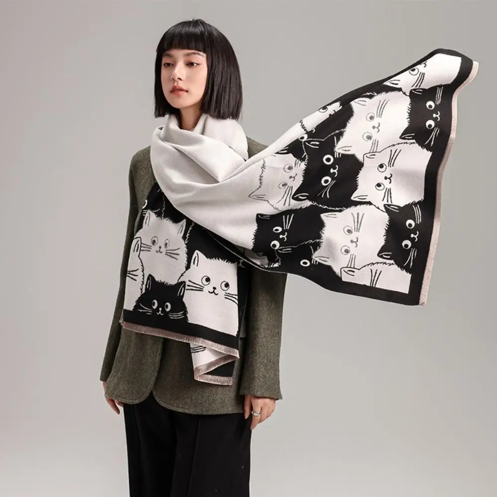 

Шарф из искусственного кашемира с милым котом, жаккардовый узор, холодостойкий шарф из пашмины, двусторонний принт, толстая теплая шаль, осень-зима