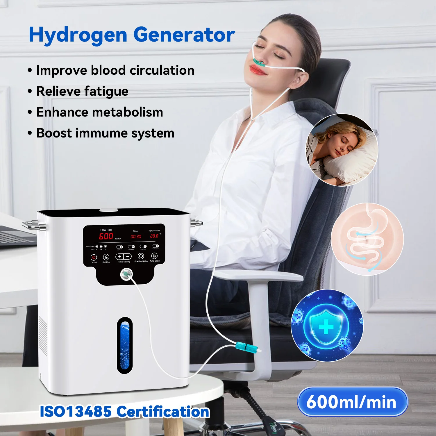 Hydrogen Inhaler 99.99% Pure CE FCC ROHS Full Certificate 2500ml H2 Therapy Membrane SPE PEM Portable Household Use