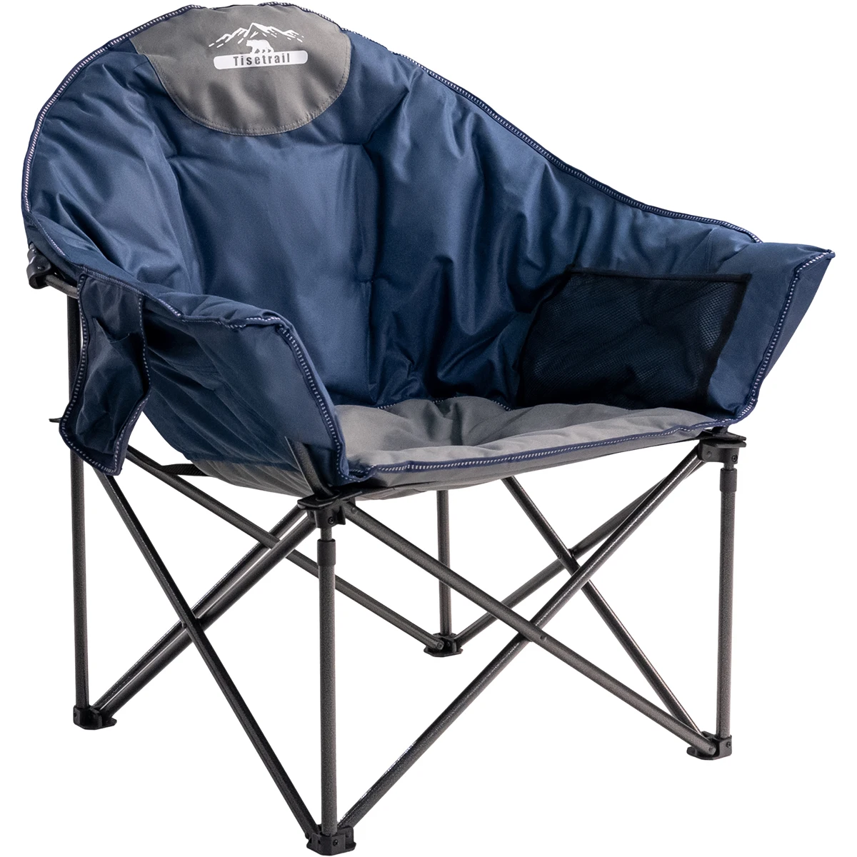 Tisetrail Oversized Camping Chair Padded Moon Round Saucer Chair with Cup Holder Folding Comfy Sofa Chairs Blue&Gray