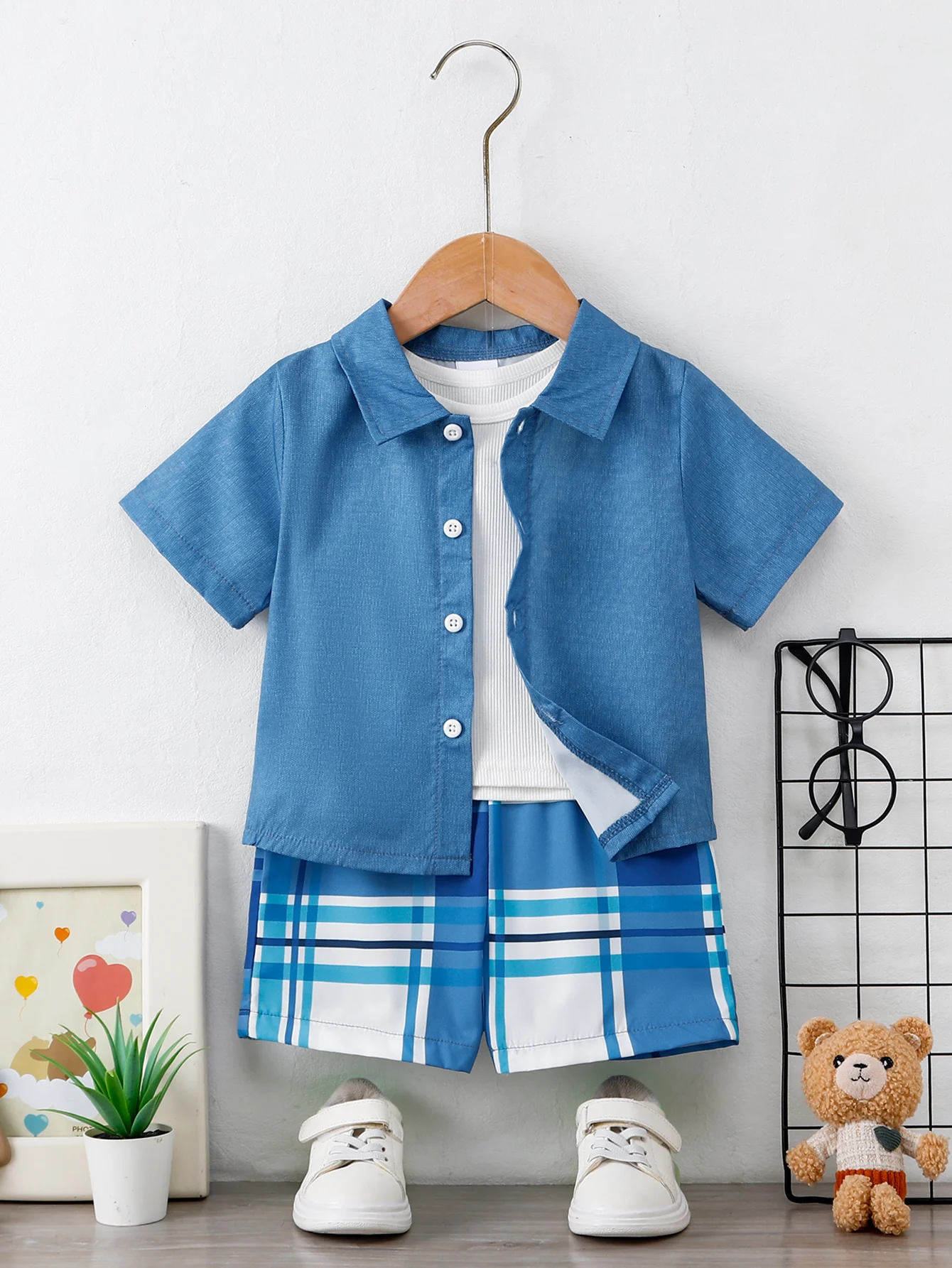 2026 Spring Summer Cute Baby Girl Blue Short Sleeve Shirt + White Inner Top + Plaid Skirt 3-Piece Set 0-4 Years: Soft Fabric
