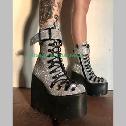 Botines de plataforma con lentejuelas y diamantes de imitación para mujer, botas con hebilla superior de altura, estilo punk, vestido diario informal, talla grande