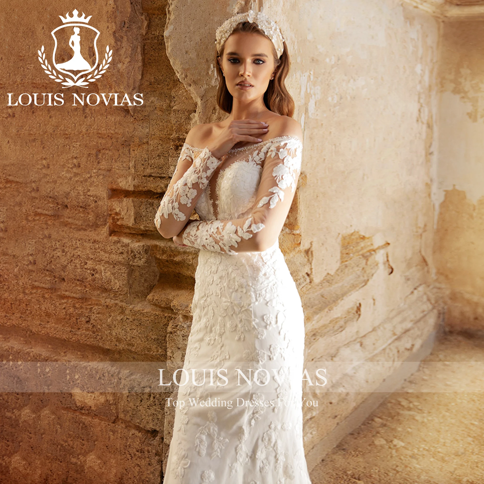 

LOUIS NOVIAS Long Sleeve Mermaid Wedding Dress Sexy Boat Neck Exquisite Embroidery Button Fairy Wedding Gown Vestidos De Novia
