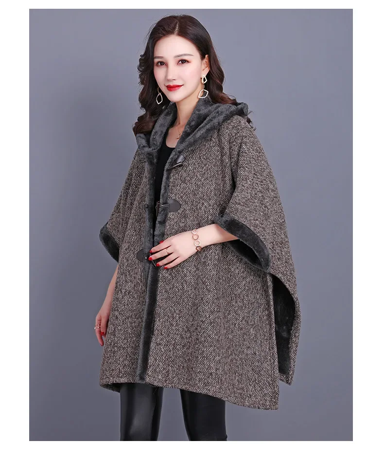 

5 Color Women Winter Thick Warm Cloak Loose Horn Button Poncho Hat Big Pendulum Cape Oversize Cloak Long Coat With Velvet Lining