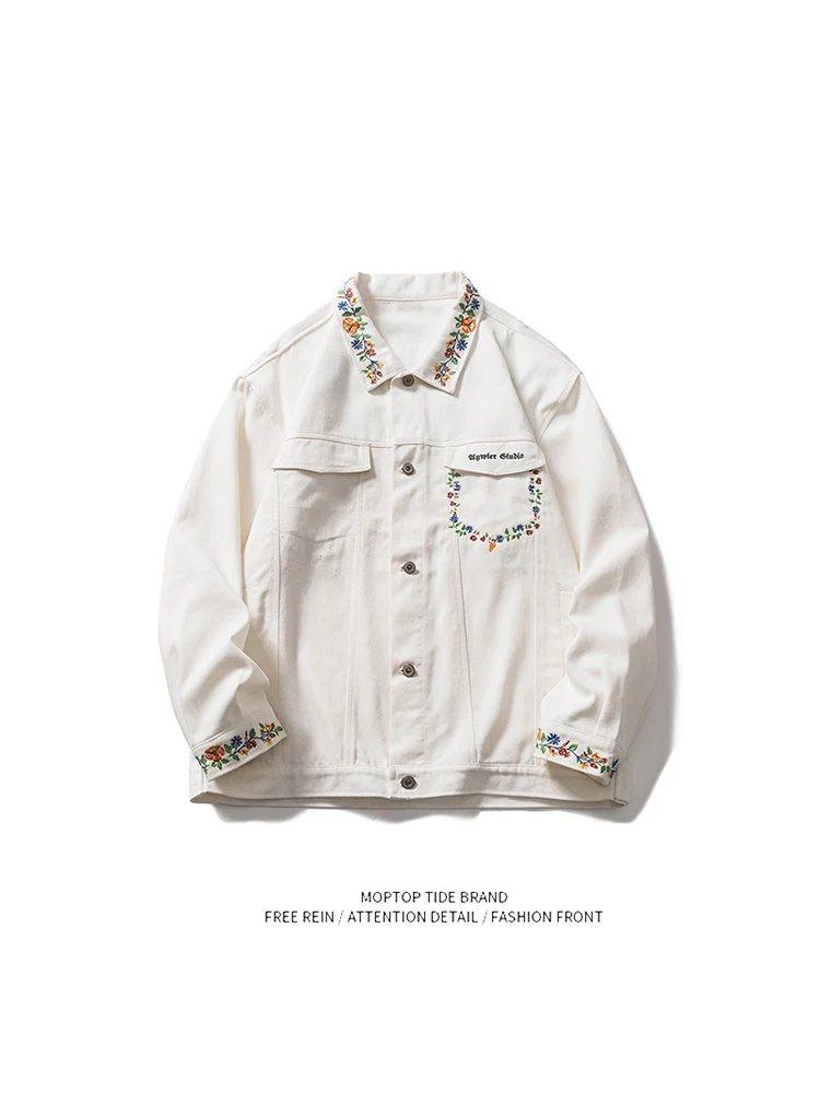 

Куртка-жакет Mr. WH в американском стиле, осенняя, уличная мода, белая, с вышивкой цветов и птиц, для мужчин и женщин