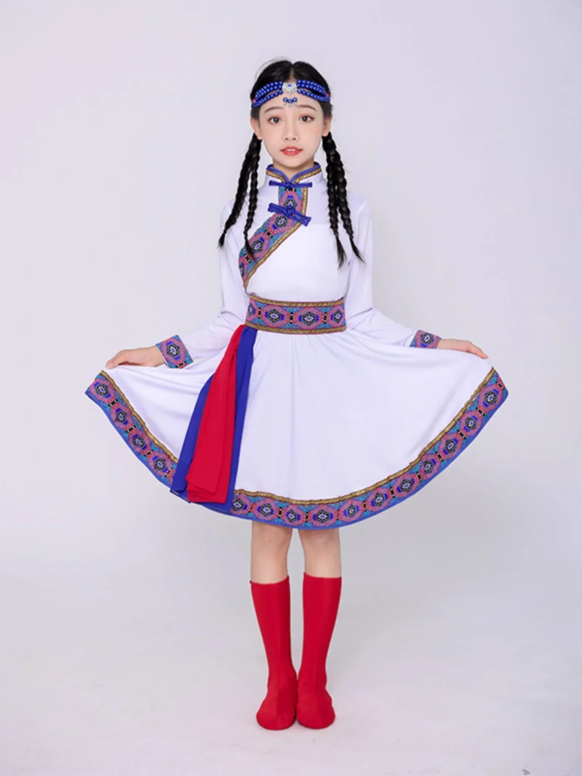 New children Mongolian costume chopsticks white horse dance performance costume top bowl dance national dance dress girl