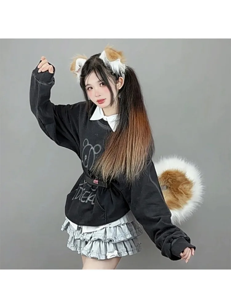 Harige Anime Hondenoor Hoofdband Staart Cartoon Comic-Con Cosplay Kostuum Accessoires Simulatie Pluche Dierenoren Staart