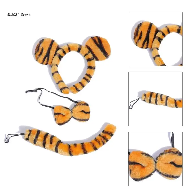 3pcs Cartoon Plush Tiger Ears Shape Hairband Bowtie and Tail Suit Cosplay Accessories for Adult Kid Party Costume